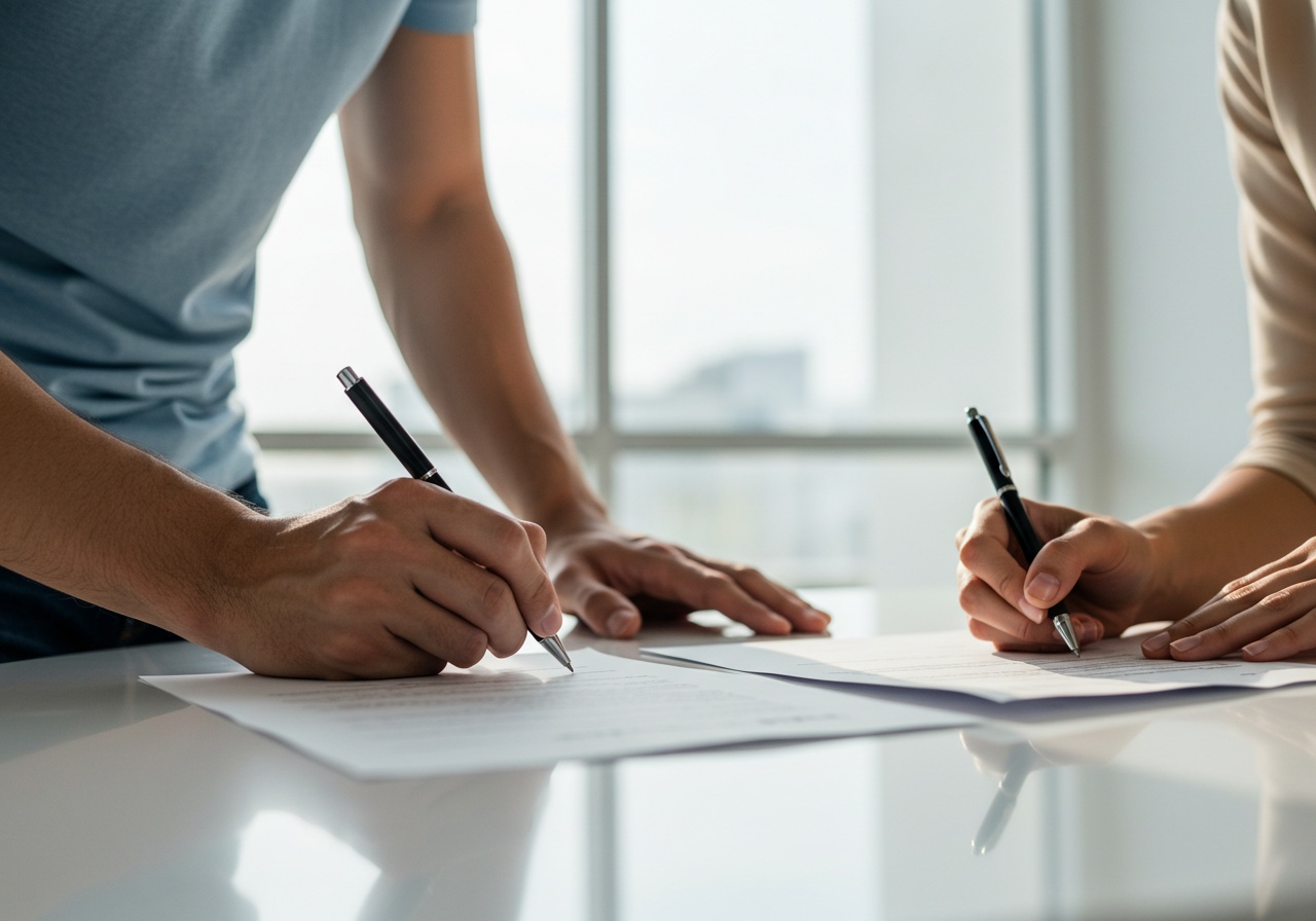 Couple signing divorce documents at a consultation with a Chester County divorce lawyer